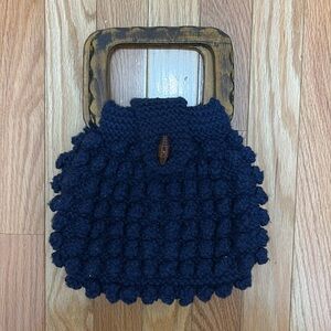 Vintage Navy Handknit Bag‎ with Wooden Handles
